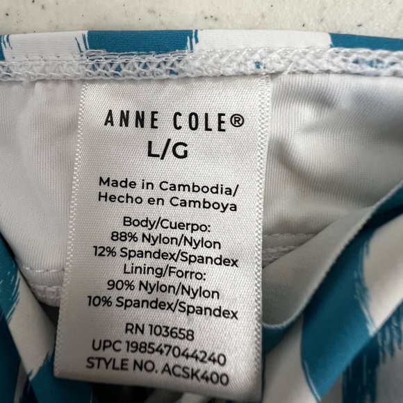 ANNE COLE TEAL & WHITE SIZE LARGE PATTERNED TANKINI PADDED WITH UNDERWIRES. NWOT - Picture 4 of 8